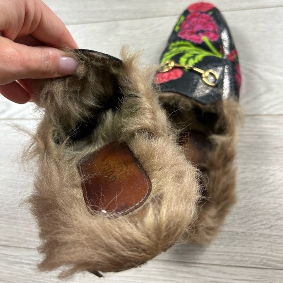 GUCCI Princetown Pink Floral Brocade Jacquard Fur Lined Loafer Slipper Mules - Picture 5 of 12